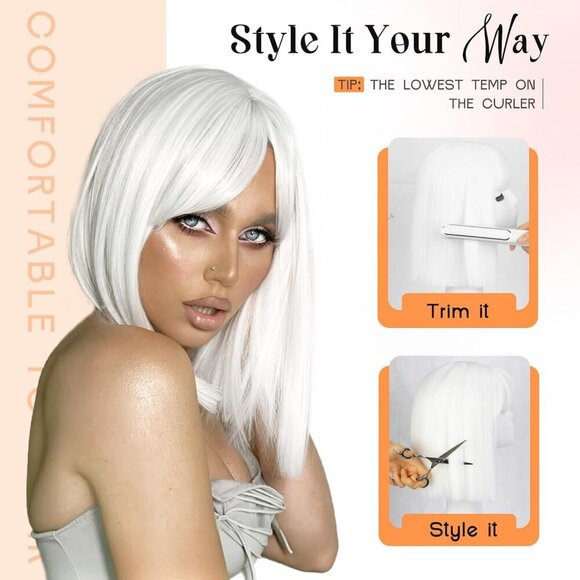 White Short Bob Wig with Bangs, 12" Heat Resistant Synthetic Hair for Cosplay - Picture 5 of 7